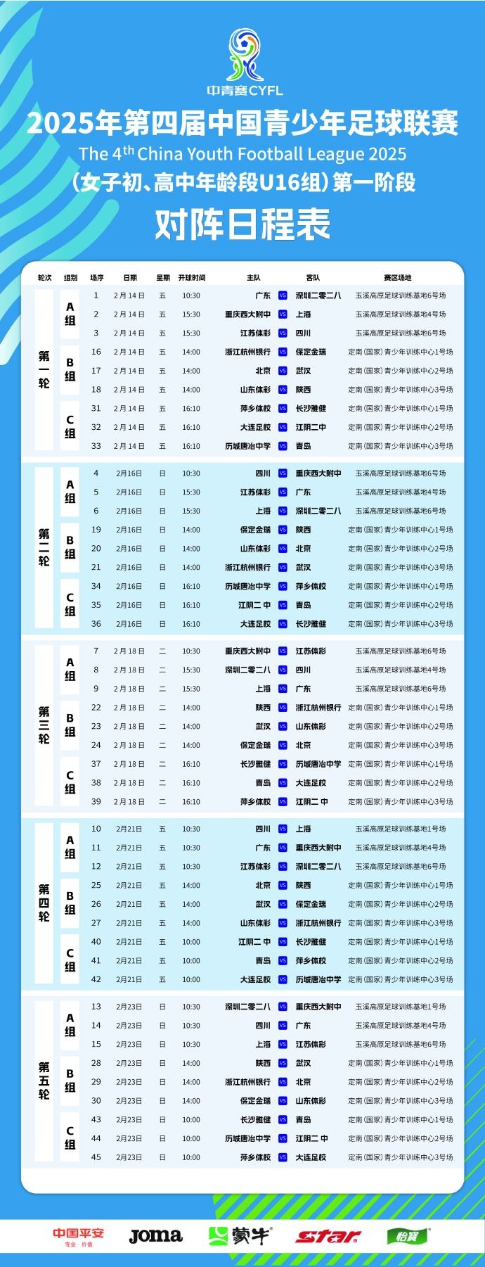  中國青少年足球聯(lián)賽（女子初高中年齡段U16組）第一階段競(jìng)賽日程