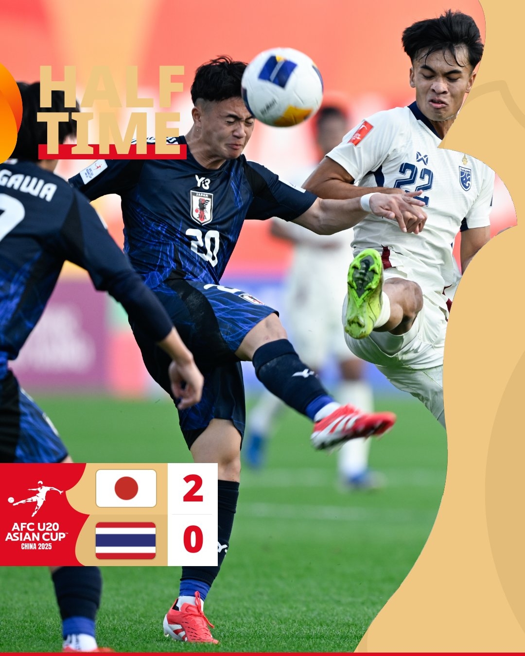  半場-日本U20 2-0領先泰國U20，石井久繼破門+中柱 泰國0射正