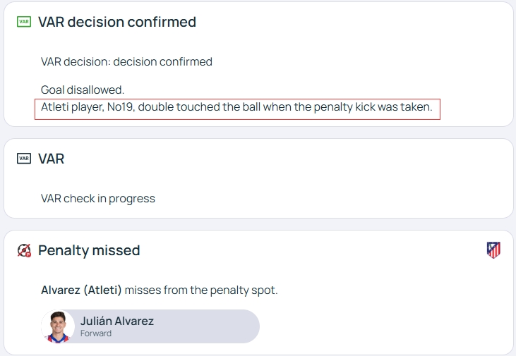  官方明確！歐冠官網(wǎng)：阿爾瓦雷斯罰點(diǎn)時(shí)2次觸球，VAR決定進(jìn)球無(wú)效